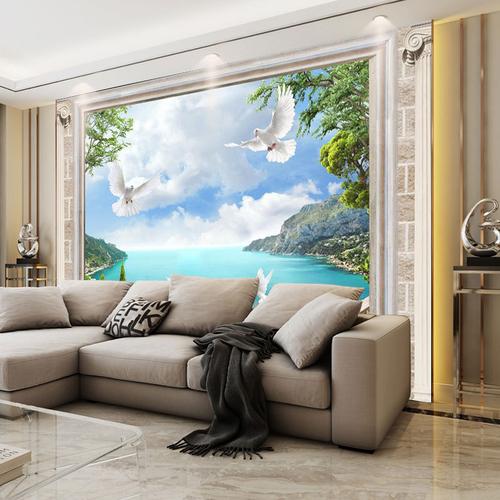 3d立体风景壁纸沙滩海景大型壁画客厅卧室电视背景墙纸墙无缝壁画